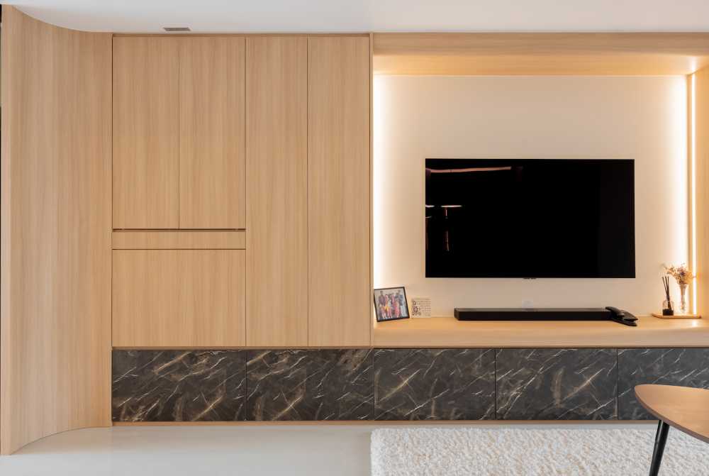 Scandinavian Living Room with TV Console and Feature Wall