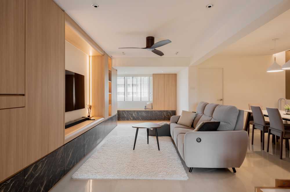 Scandinavian Living Room with TV Console and Ceiling Fan