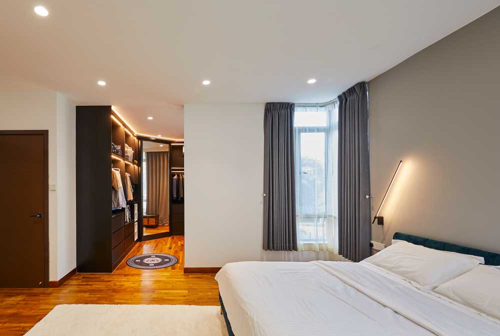 Scandinavian Bedroom with Wardrobe and Window Grille