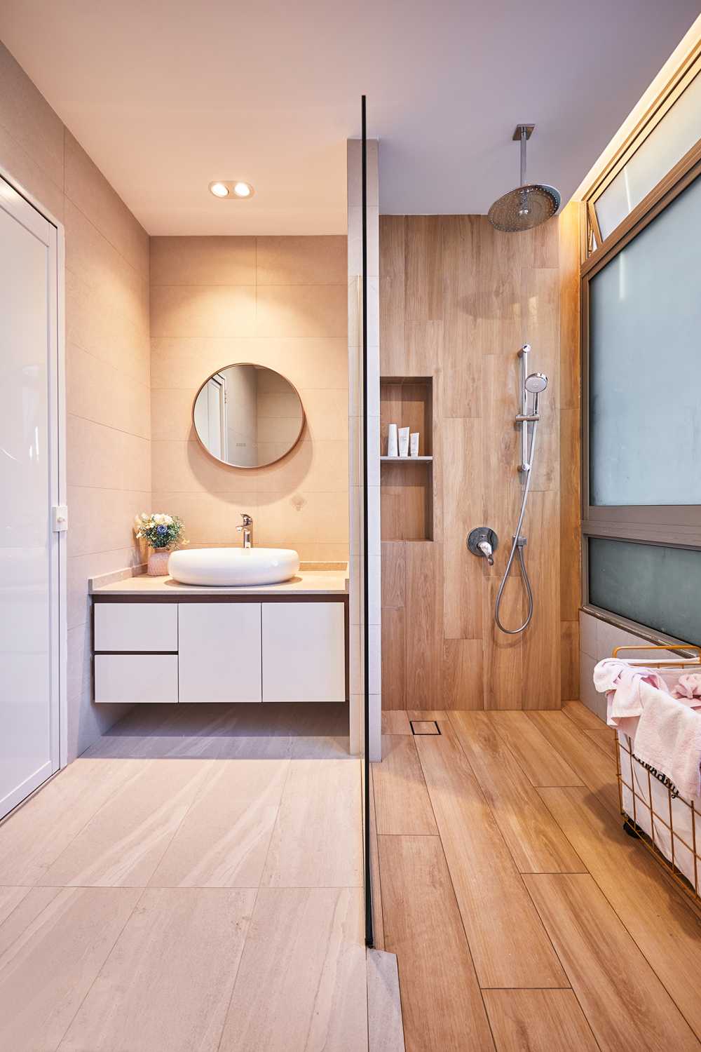 Scandinavian Bathroom with Bathroom Storage and Bathroom Sinks