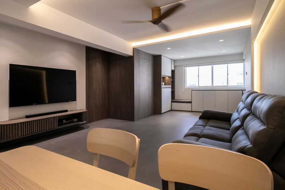 Minimalist Living Room with TV Console and Ceiling Light