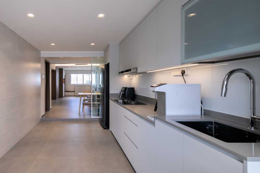 Minimalist Kitchen with Kitchen Window and Cupboard