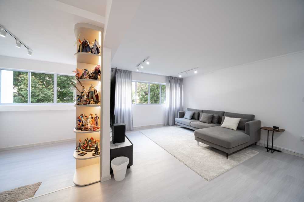 Scandinavian Living Room with Bookshelf and Vinyl Flooring