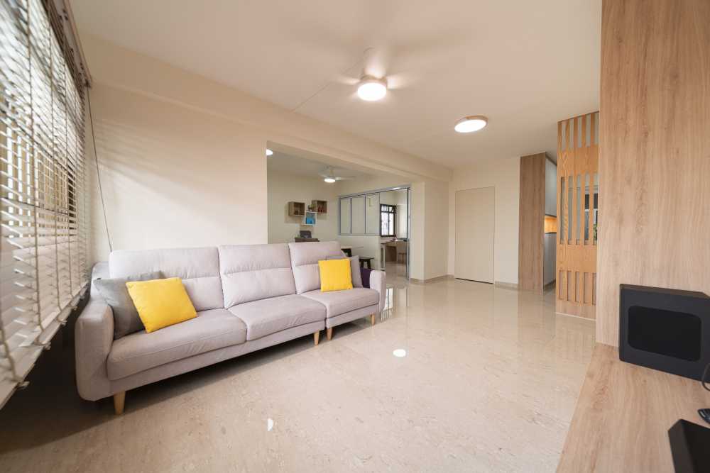 Modern Living Room with Homogeneous Tiles and Downlights