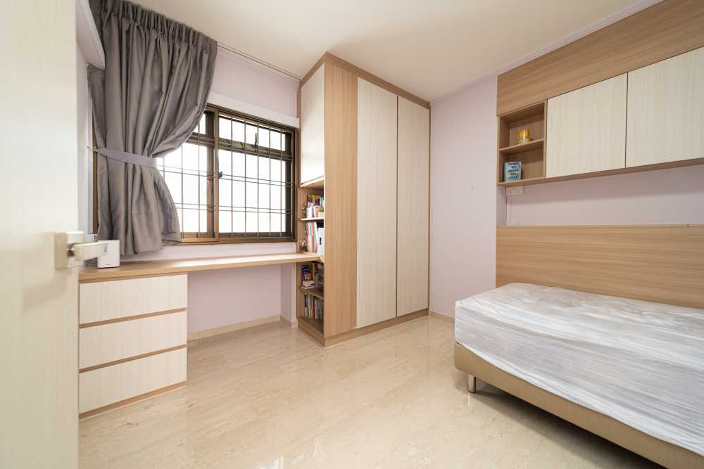 Modern Bedroom with Bookshelf and Marble Floor