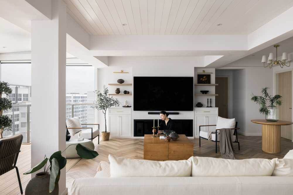 Modern Living Room with Herringbone Tiling and Chandelier