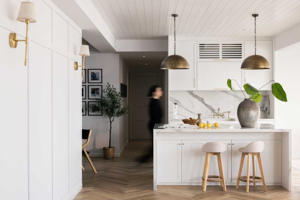 Modern Dining Room with Countertop and Herringbone Tiling