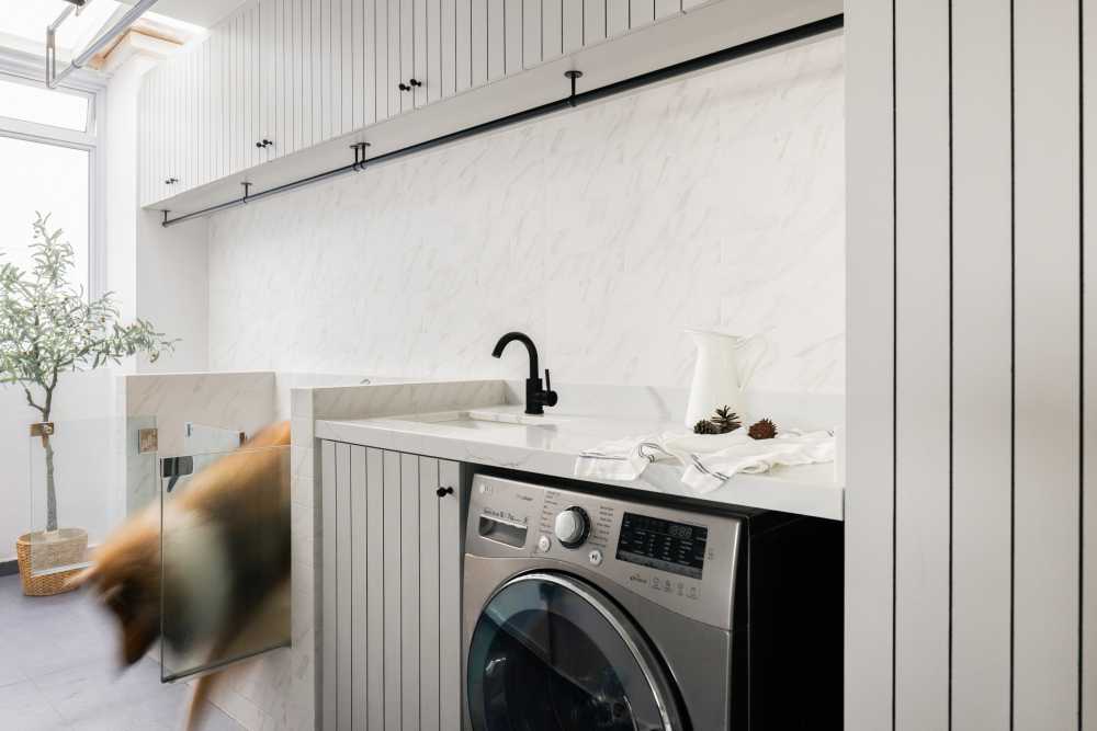 Modern Service Yard with Washing Machine and Laundry Area