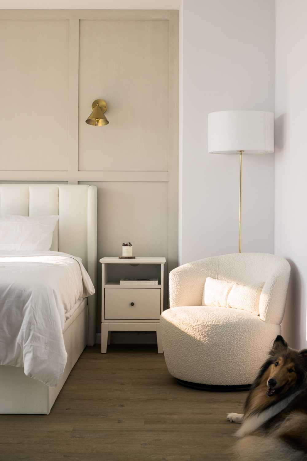 Modern Bedroom with Bedside Table and Armchairs