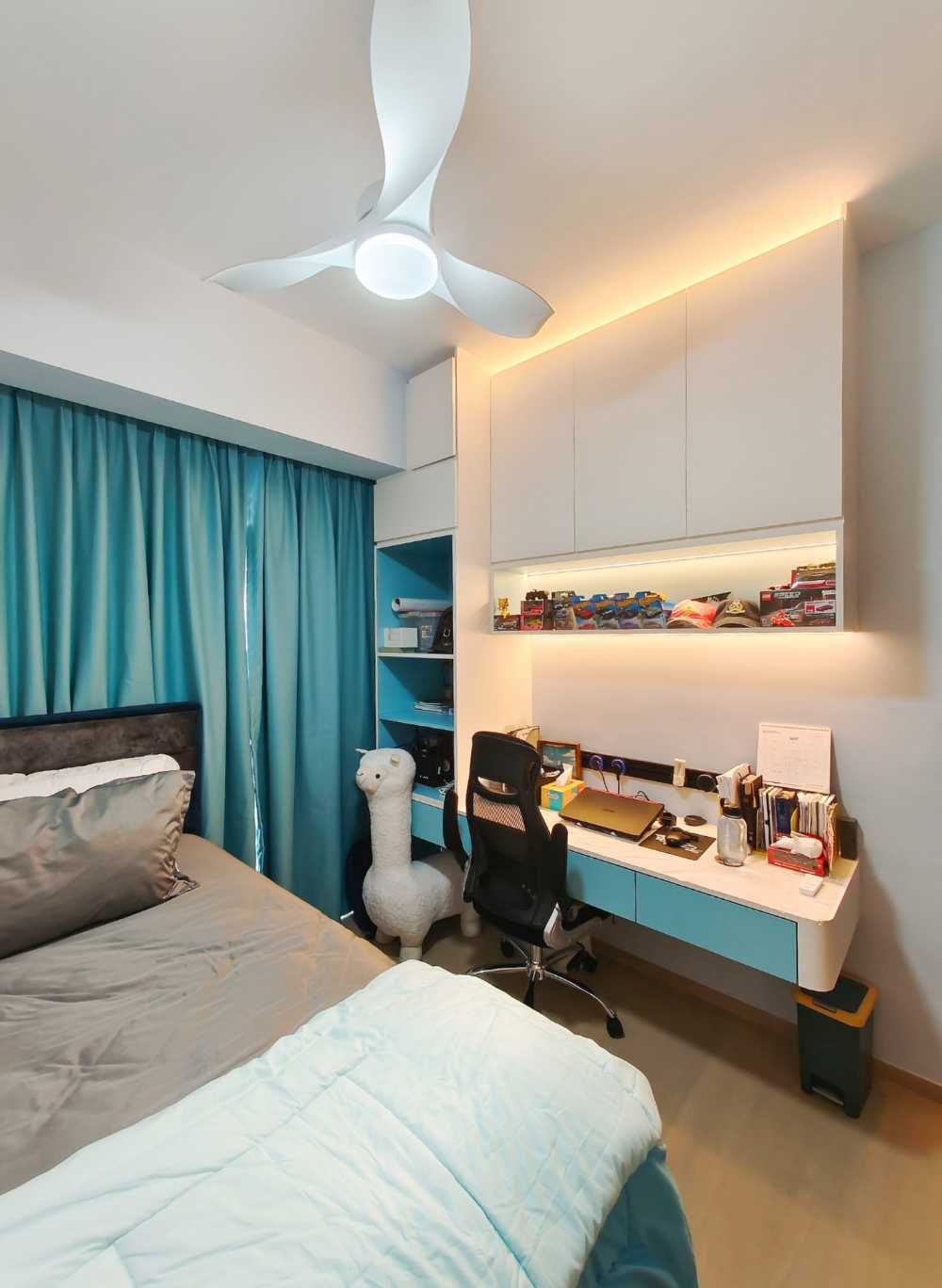 Scandinavian Bedroom with Bookshelf and Paintings