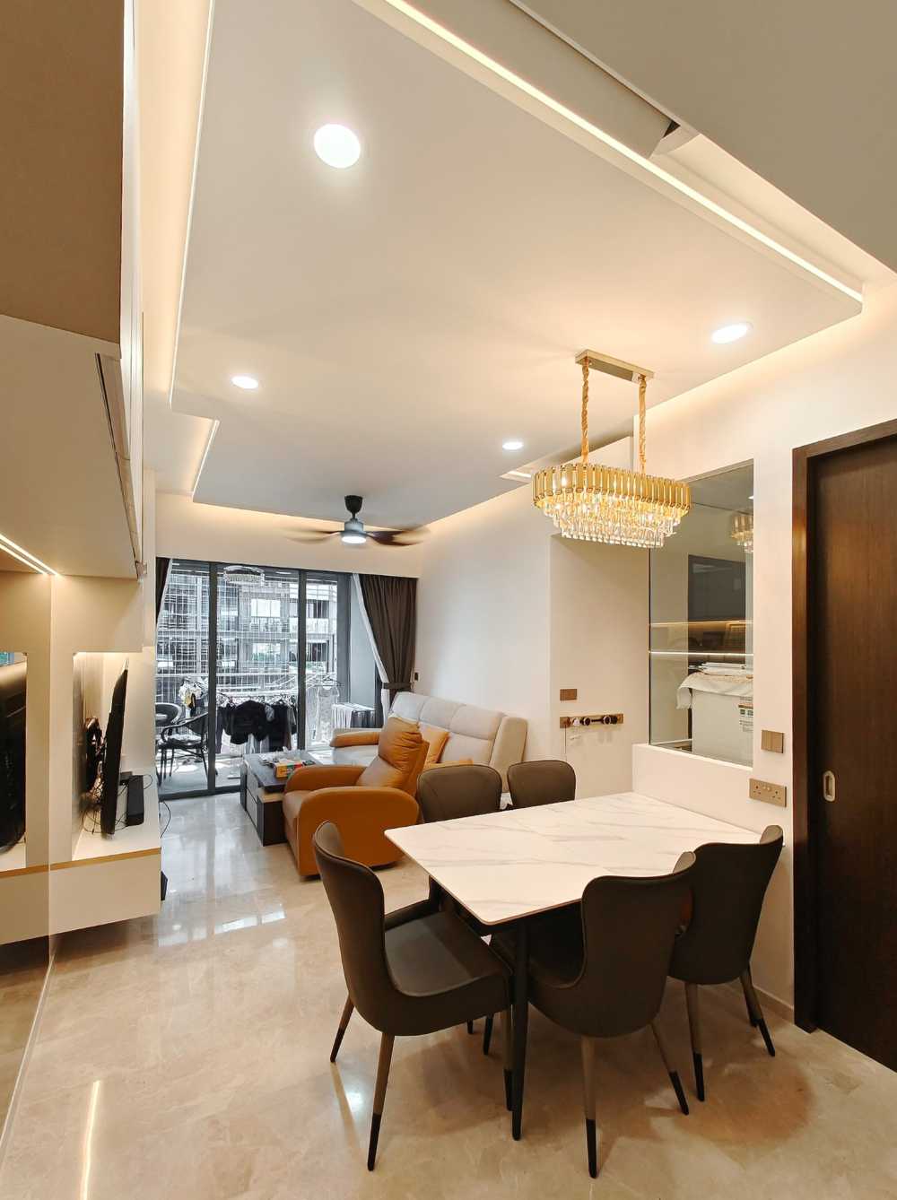 Scandinavian Dining Room with Kitchen Window and Dining Table