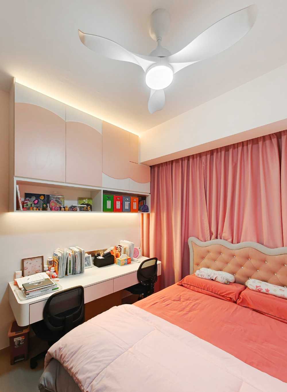 Scandinavian Bedroom with Bookshelf and Paintings