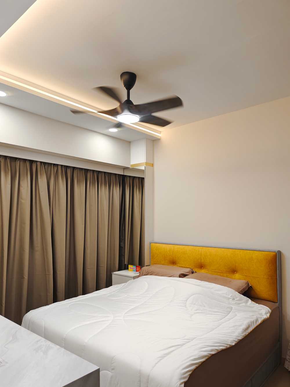 Scandinavian Bedroom with Ceiling Fan and Bedside Table