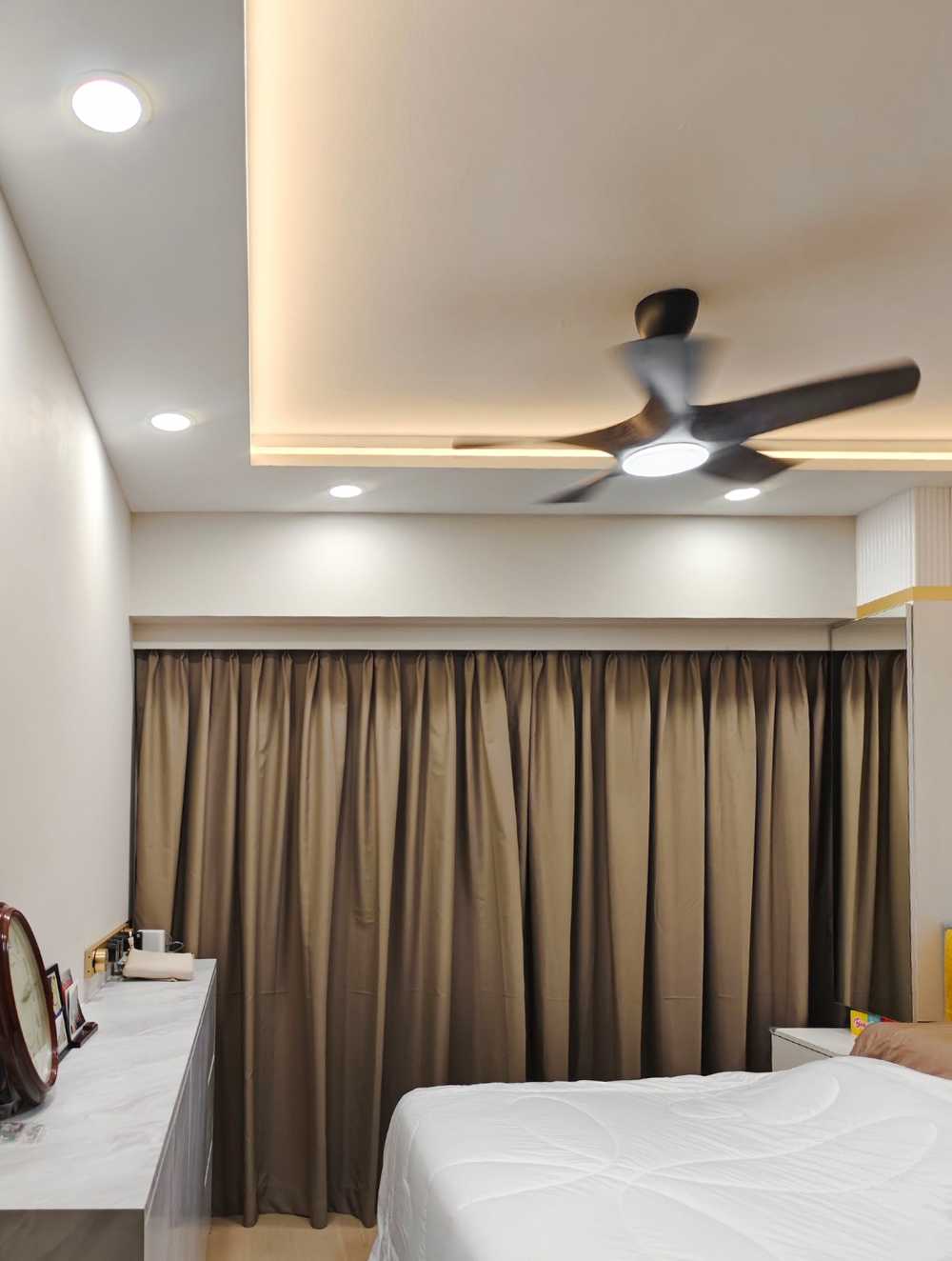 Scandinavian Bedroom with Ceiling Fan and Curtain