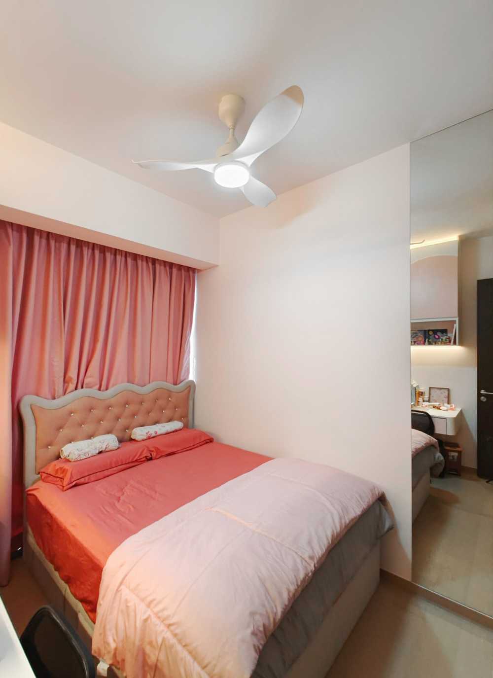 Scandinavian Bedroom with Mirror and Ceiling Fan