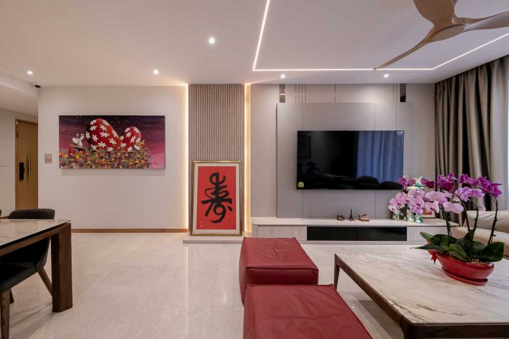 Modern Living Room with TV Console and Ceiling Light