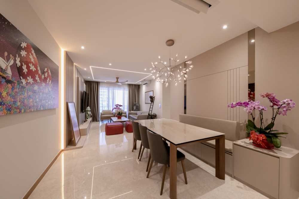 Modern Living Room with TV Console and Ceiling Light