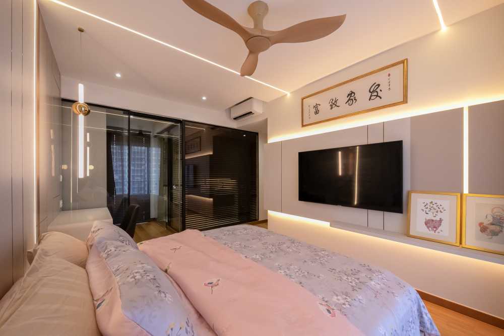 Modern Bedroom with Parquet Floor and Bedroom Dresser