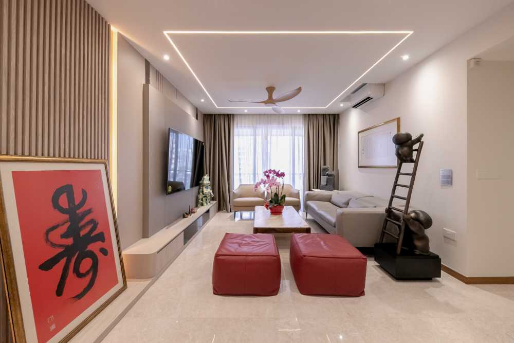 Modern Living Room with TV Console and Ceiling Light