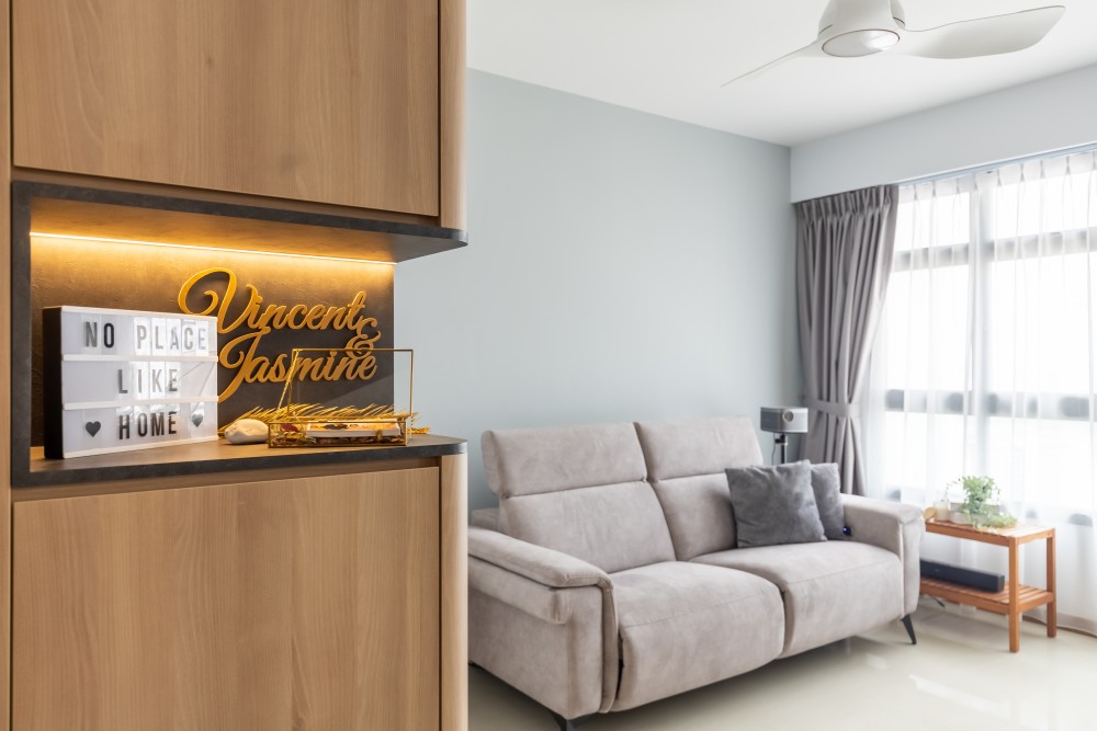 Scandinavian Living Room with Feature Wall and Ceiling Fan