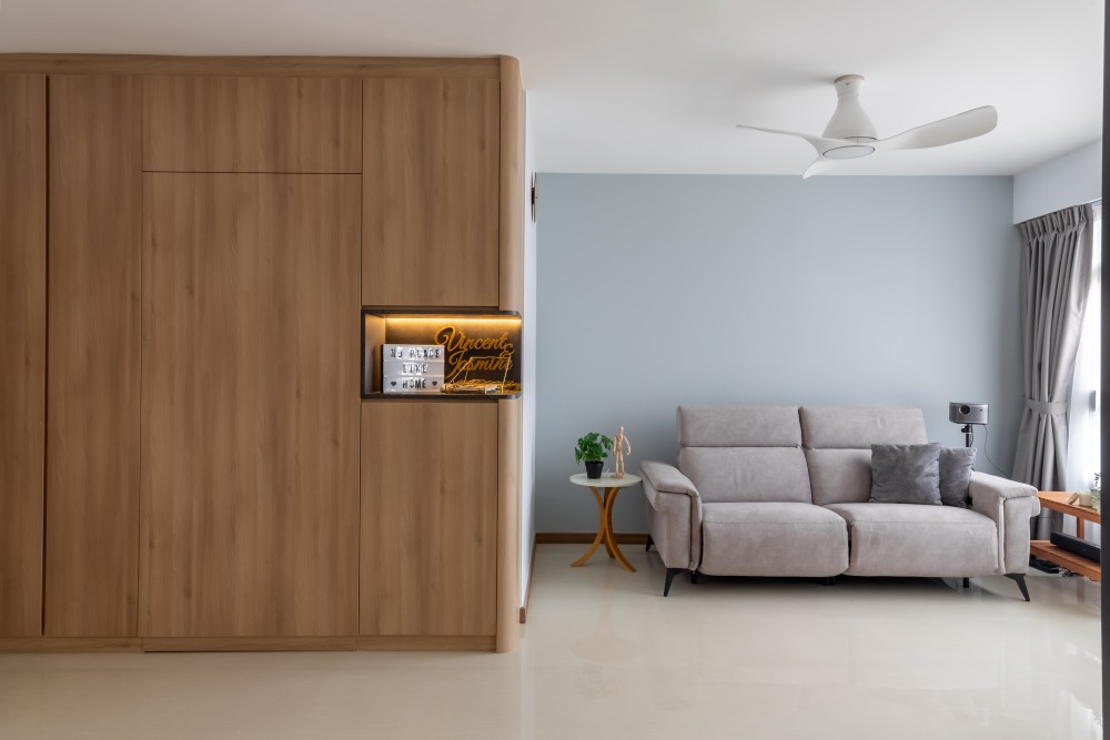 Scandinavian Living Room with Ceiling Fan and Curtain