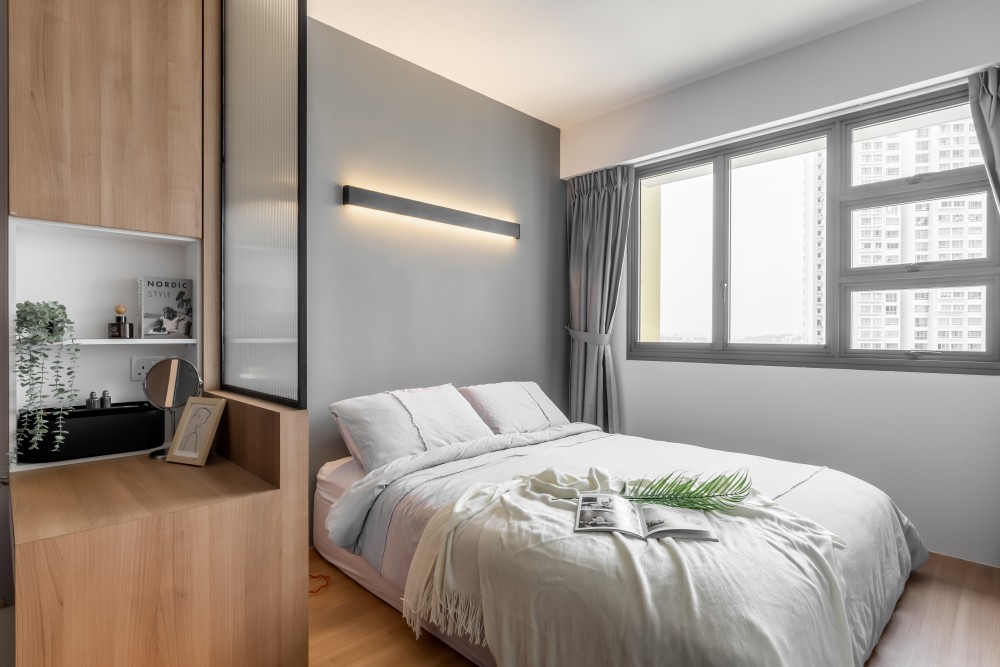 Scandinavian Bedroom with Platform Bed and Vinyl Flooring
