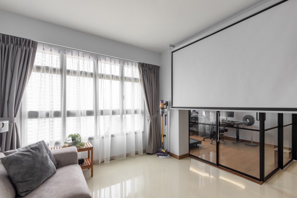 Scandinavian Living Room with Glass Door and Curtain