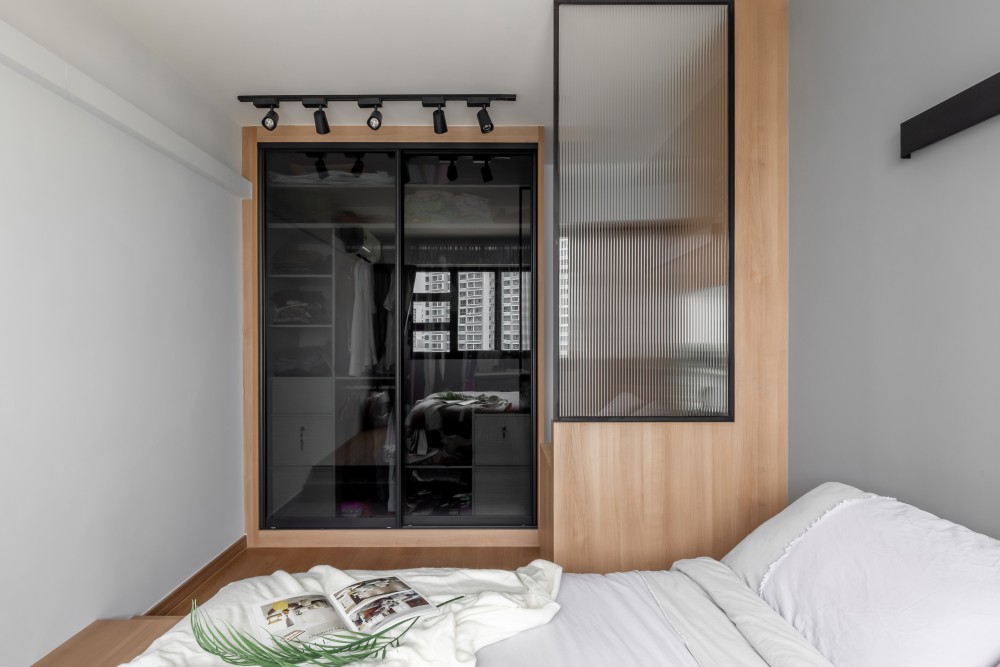 Scandinavian Bedroom with Platform Bed and Vinyl Flooring