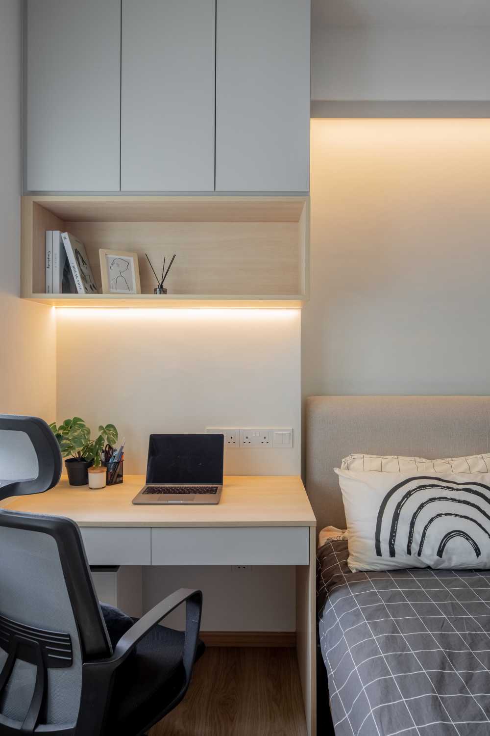 Scandinavian Bedroom with Bookshelf and Vinyl Flooring