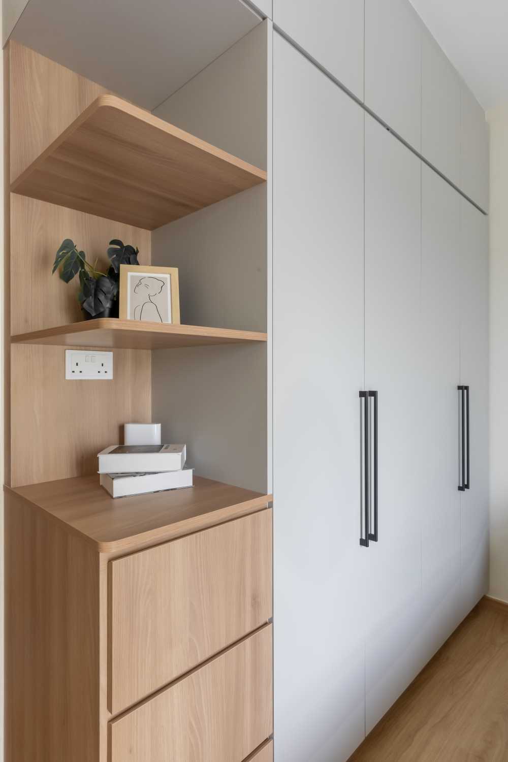 Scandinavian Bedroom with Bookshelf and Vinyl Flooring