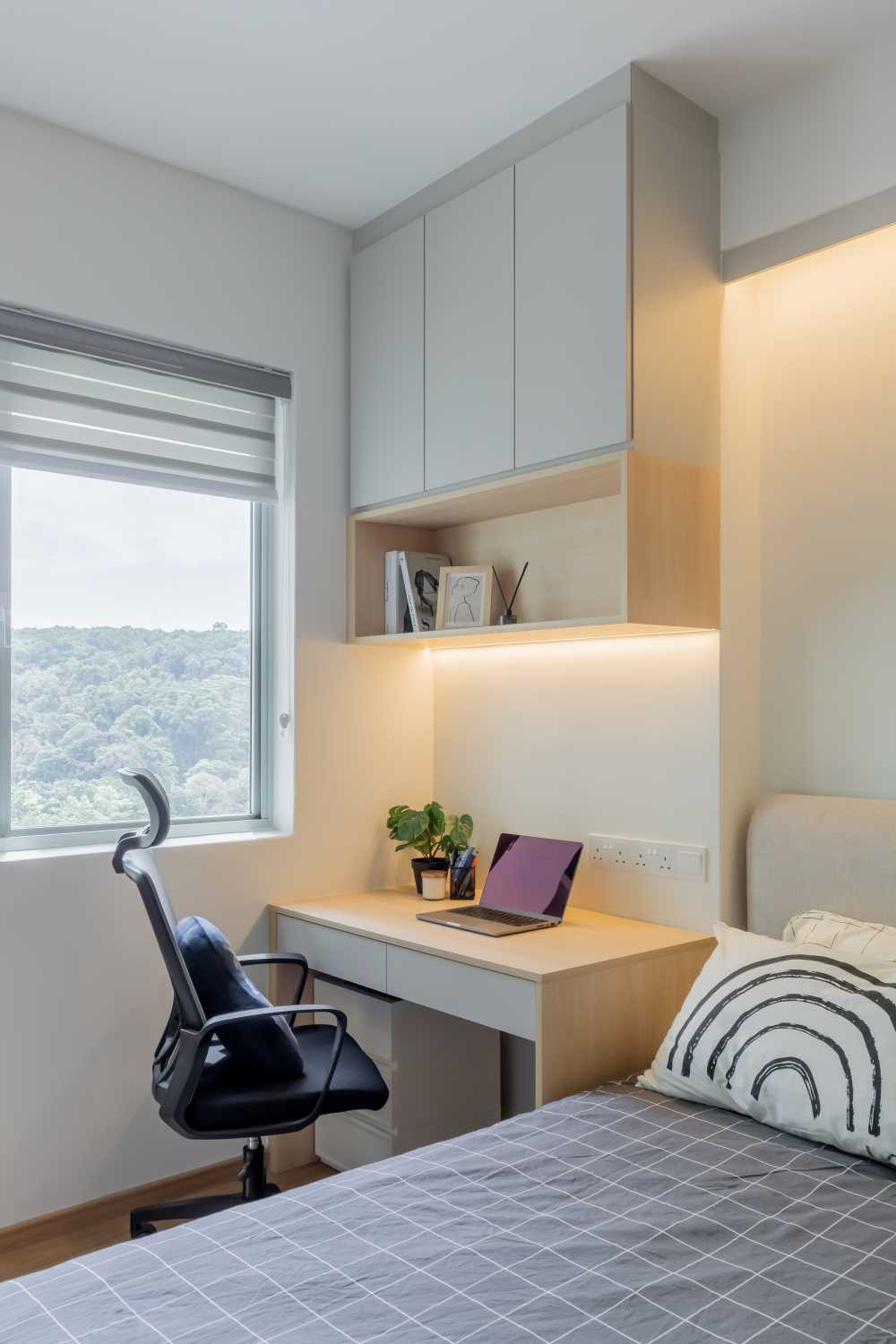 Scandinavian Bedroom with Curtain and Desk