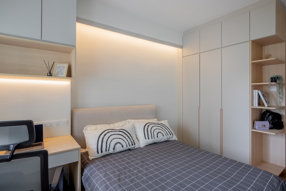 Scandinavian Bedroom with Bookshelf and Vinyl Flooring