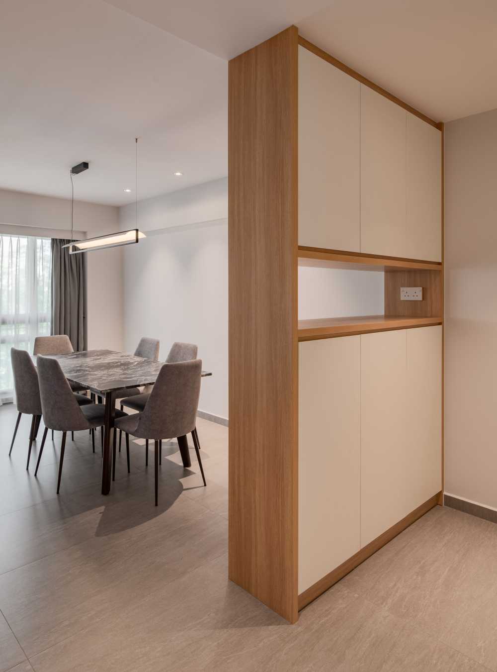 Minimalist Foyer with Dining Table and Shoe Cabinets