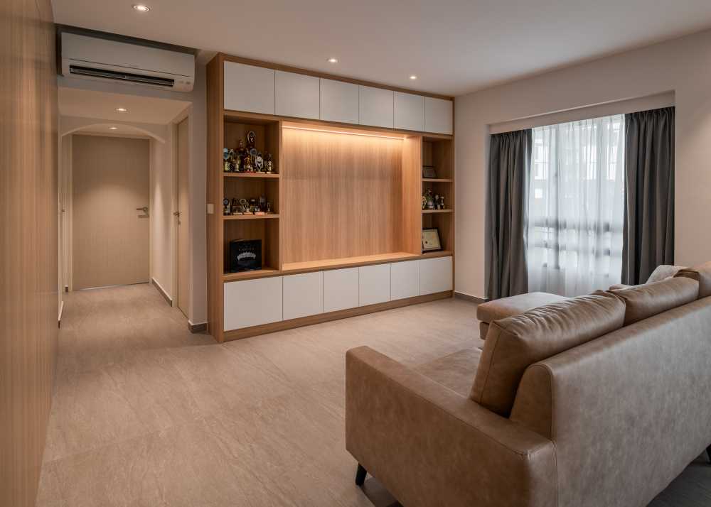 Minimalist Living Room with Homogeneous Tiles and TV Console