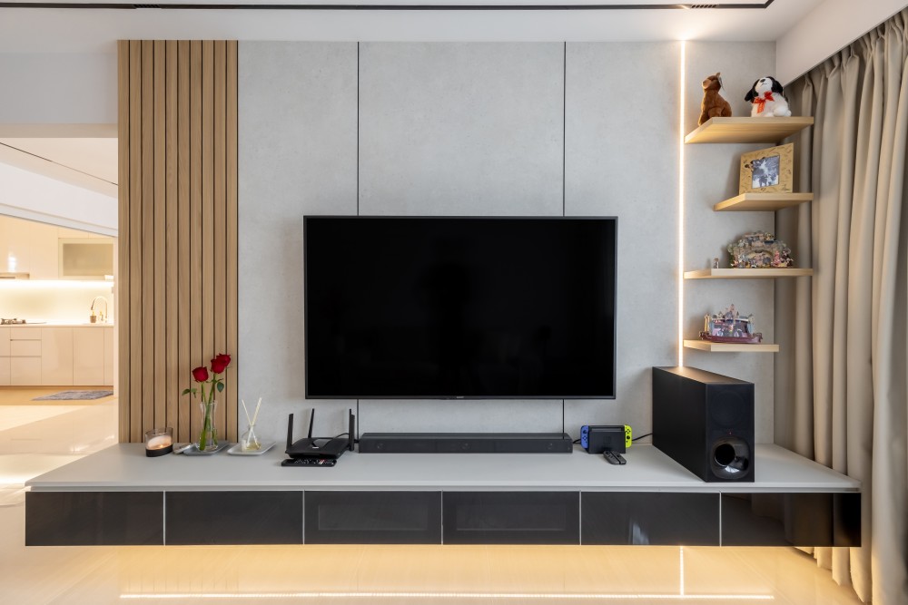 Minimalist Living Room with Feature Wall and Curtain