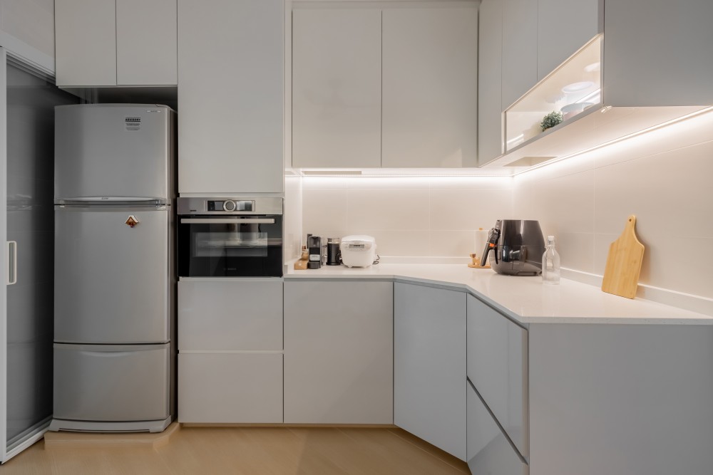 Minimalist Kitchen with Countertop and Herringbone Tiling