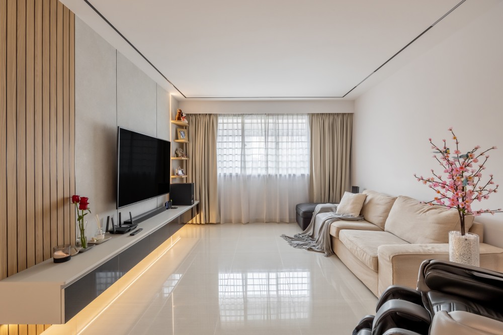 Minimalist Living Room with Feature Wall and Ceiling Light