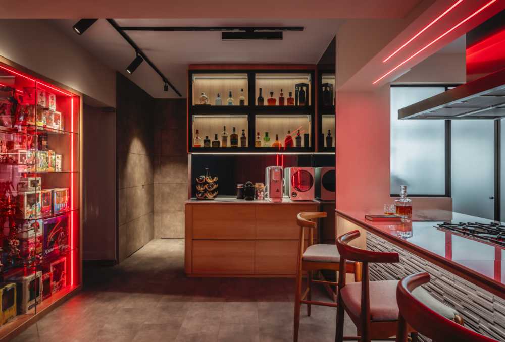 Industrial Home Bar with Countertop and Drinkware