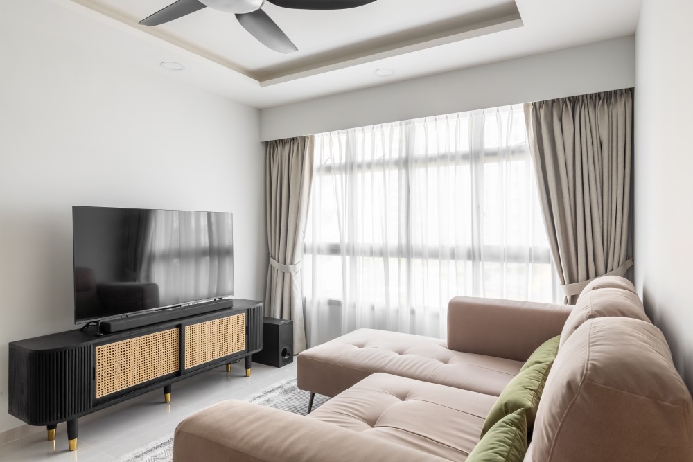 Contemporary Living Room with Ceiling Fan and Curtain