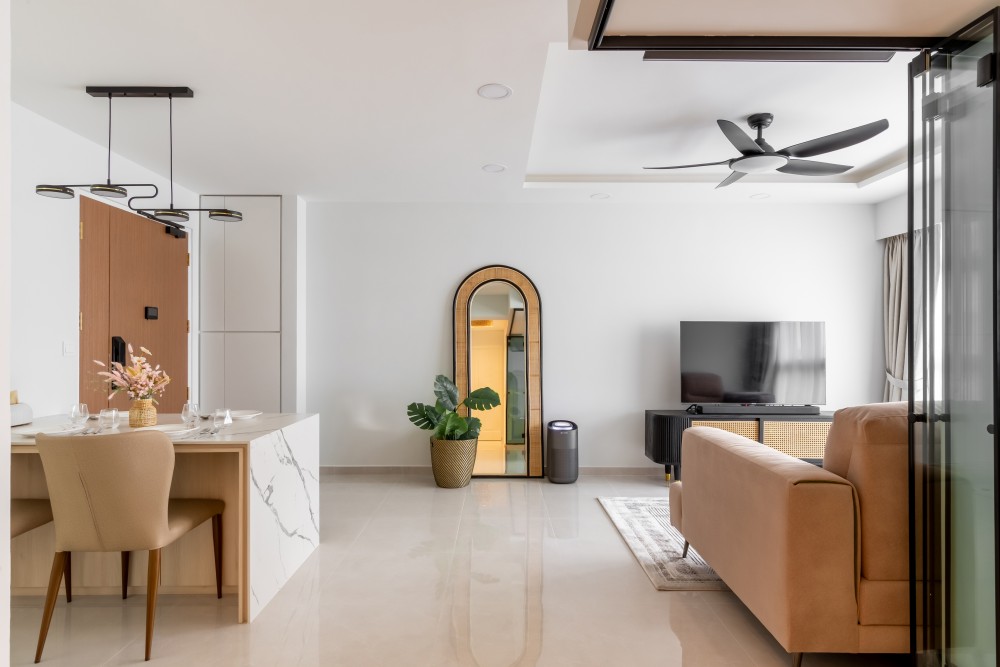 Contemporary Living Room with Ceiling Fan and Curtain