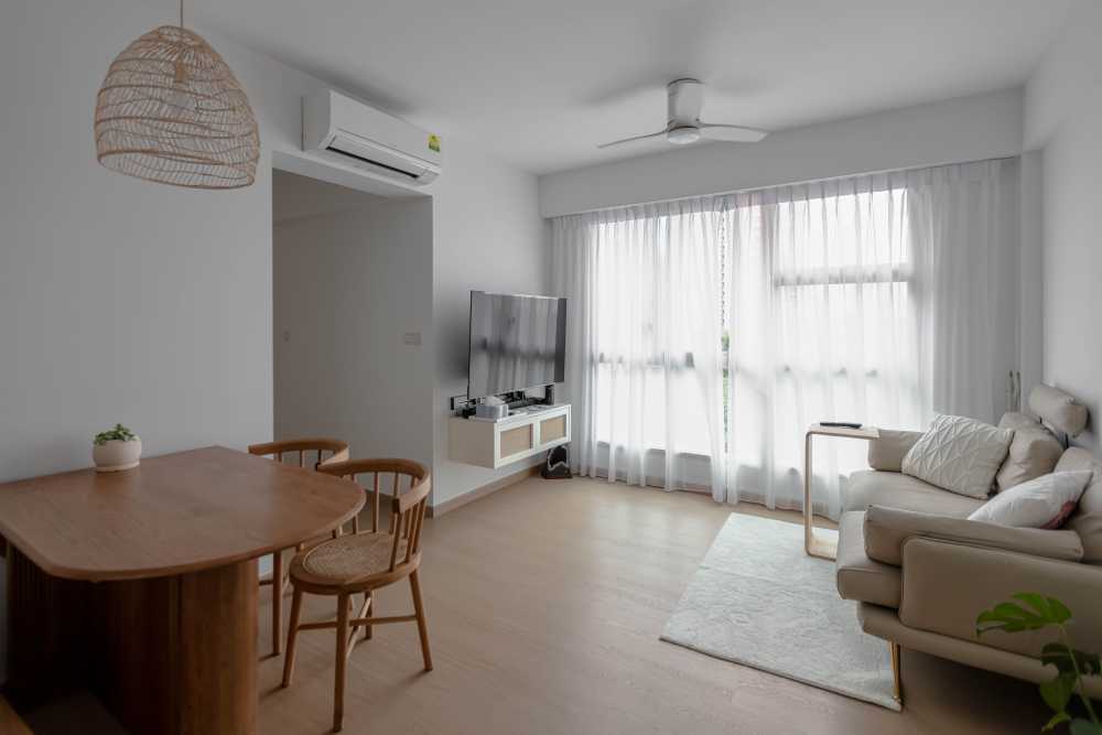 Scandinavian Living Room with Ceiling Fan and Carpet