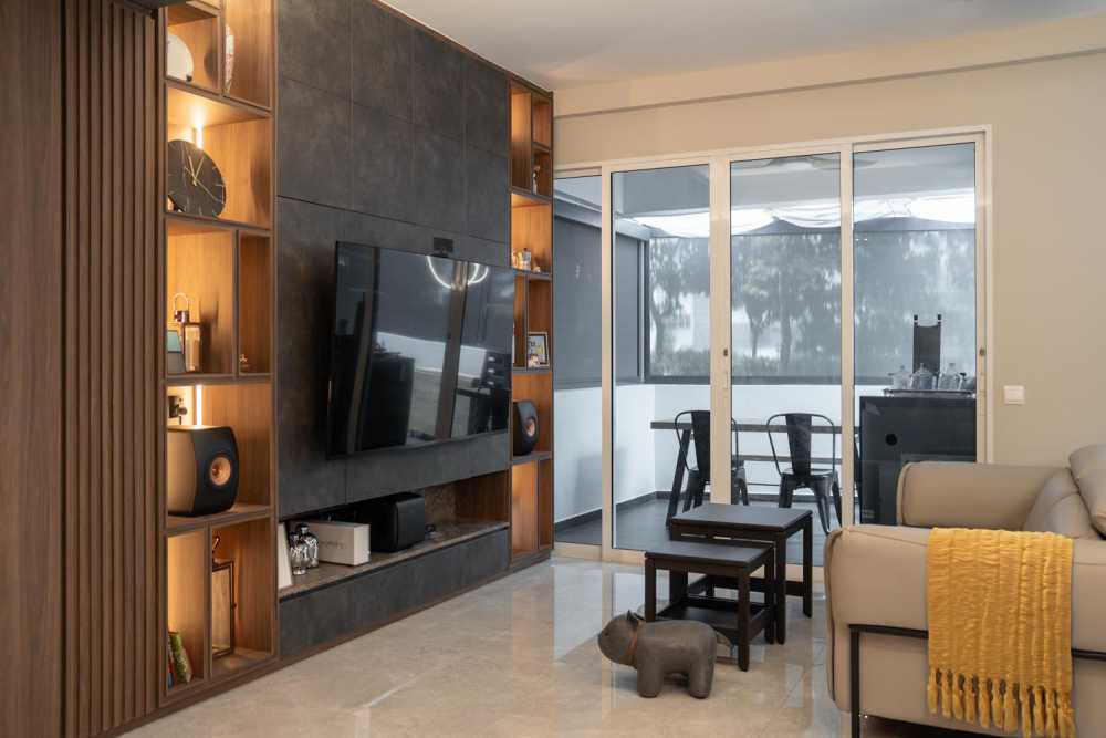Contemporary Living Room with Granite Floor and Sofa