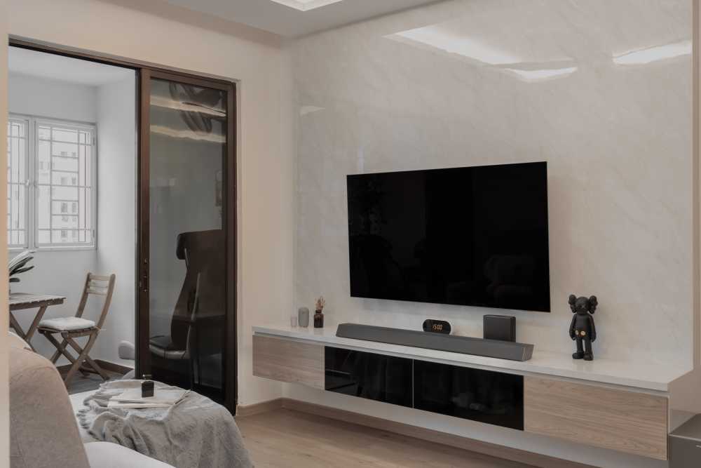 Scandinavian Living Room with Wood Flooring and TV Console
