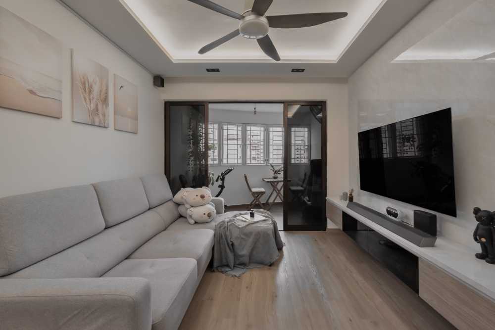 Scandinavian Living Room with Wood Flooring and TV Console