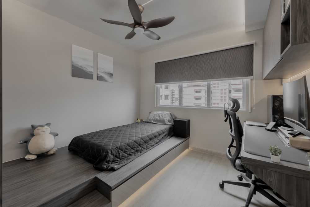 Scandinavian Bedroom with Bookshelf and Platform Bed
