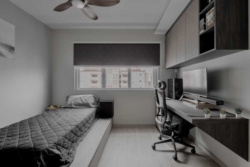 Scandinavian Bedroom with Bookshelf and Ceiling Fan