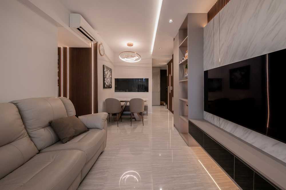 Modern Living Room with Homogeneous Tiles and TV Console