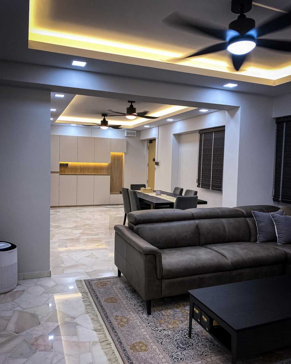 Modern Living Room with Marble Floor and Ceiling Fan
