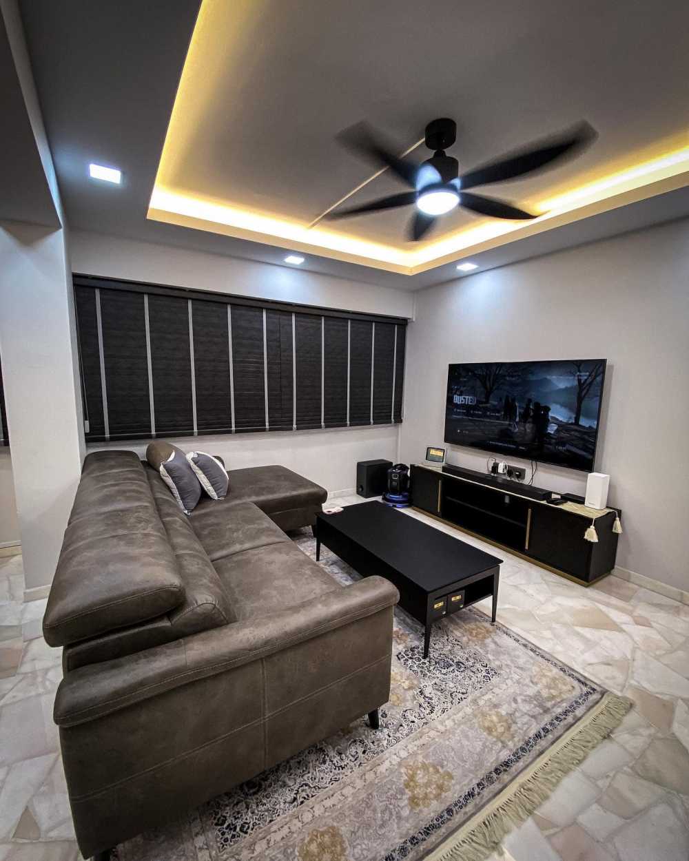 Modern Living Room with Marble Floor and Drop Ceiling
