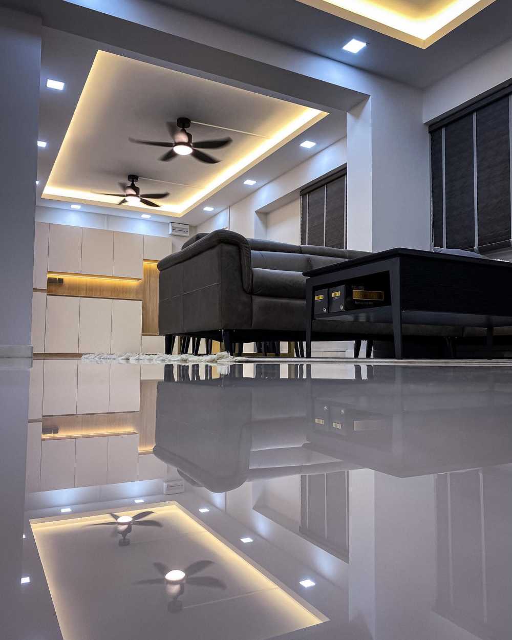 Modern Living Room with Marble Floor and Drop Ceiling